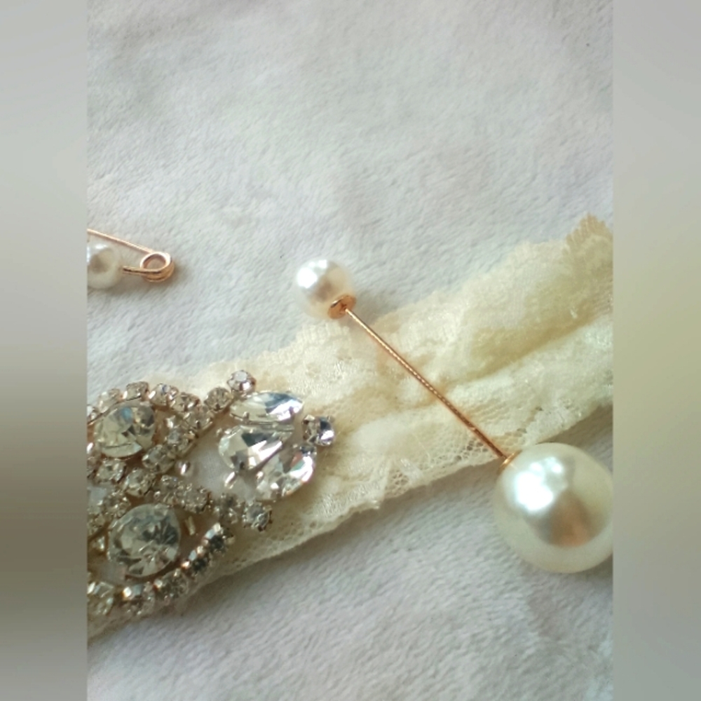 Vintage Ivory Crystal Pearl Lace Non-slip Wedding Garter Pin Barrett Bundle Set - Picture 10 of 13